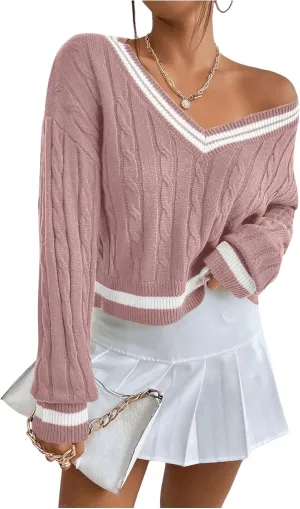 MakeMeChic Women's Cable Knit Striped V Neck Sweater Long Sleeve Drop Shoulder Sweater Crop Pullovers