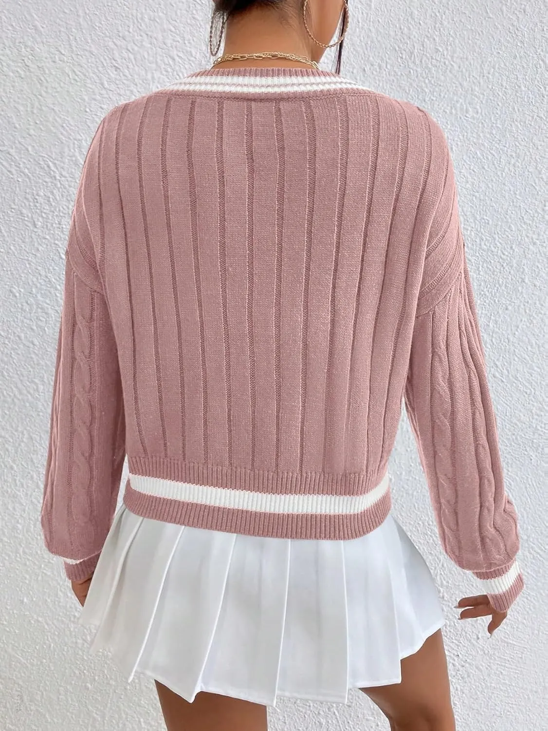 MakeMeChic Women's Cable Knit Striped V Neck Sweater Long Sleeve Drop Shoulder Sweater Crop Pullovers