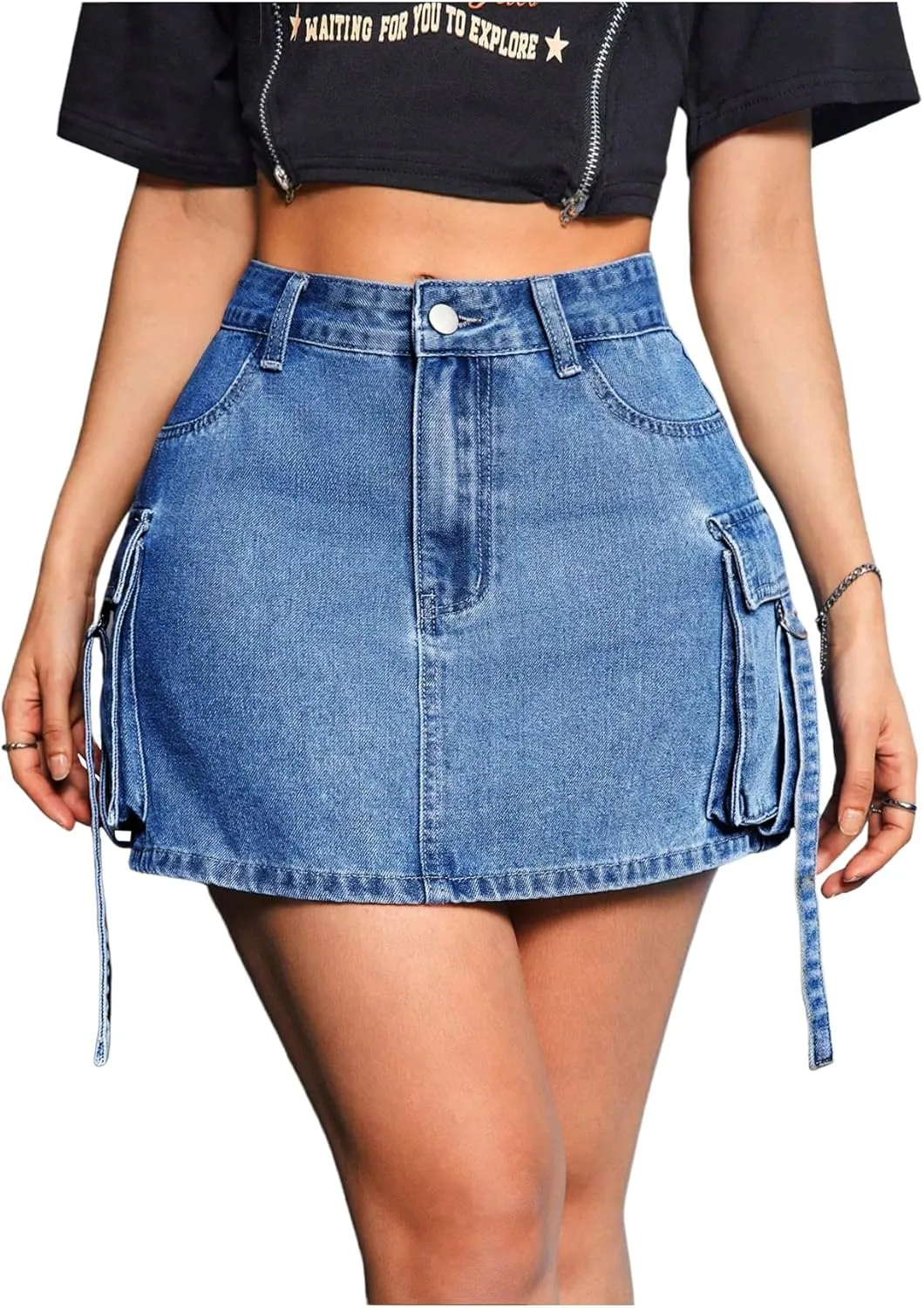 MakeMeChic Women's Denim Skirt Button Y2k Mini Cargo Jean Skirts with Flap Pocket