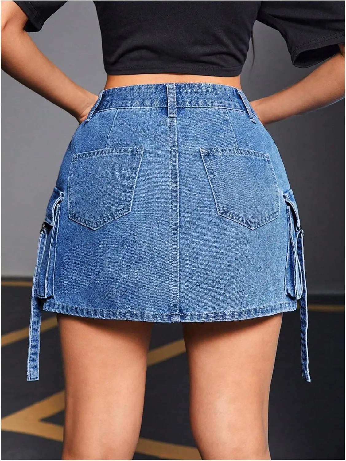 MakeMeChic Women's Denim Skirt Button Y2k Mini Cargo Jean Skirts with Flap Pocket