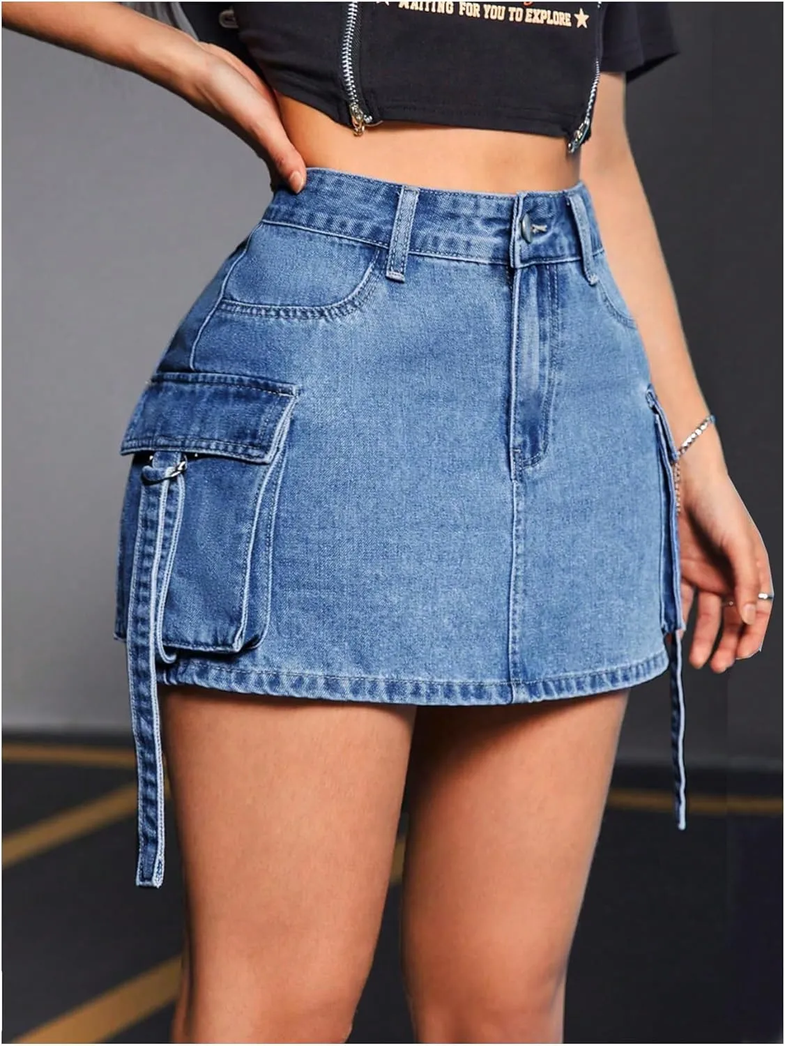 MakeMeChic Women's Denim Skirt Button Y2k Mini Cargo Jean Skirts with Flap Pocket