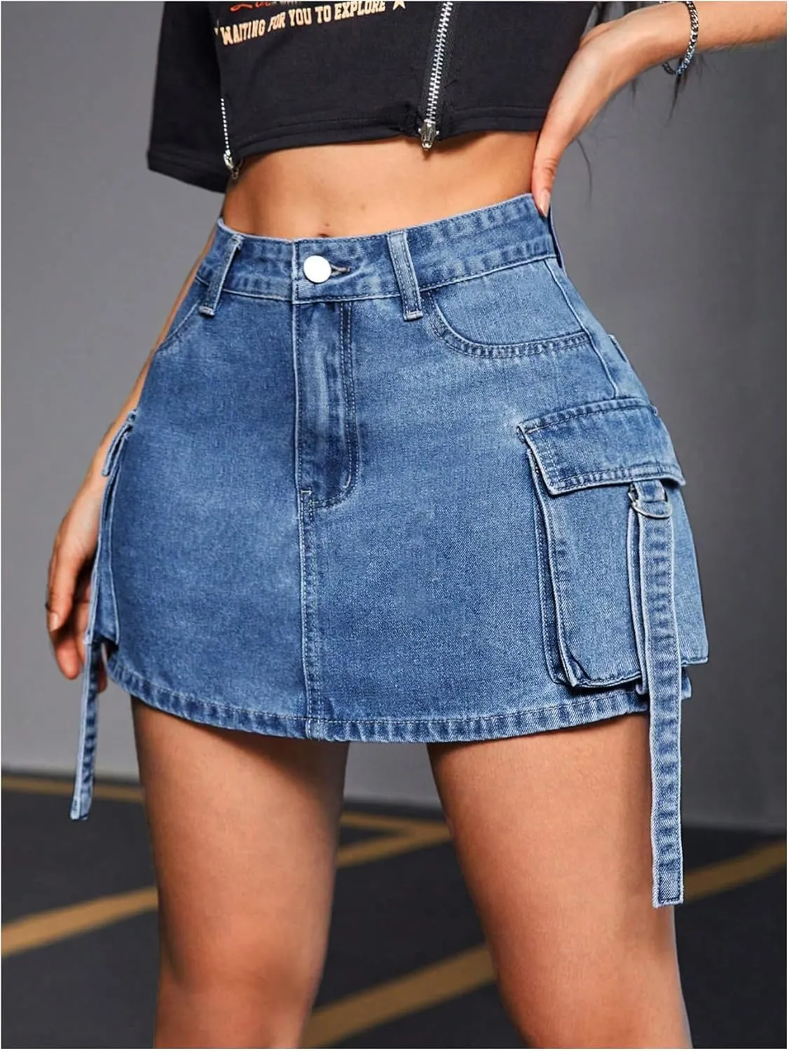 MakeMeChic Women's Denim Skirt Button Y2k Mini Cargo Jean Skirts with Flap Pocket