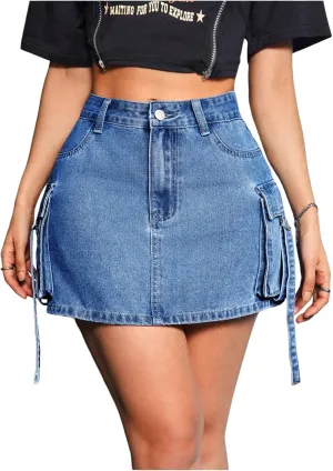 MakeMeChic Women's Denim Skirt Button Y2k Mini Cargo Jean Skirts with Flap Pocket