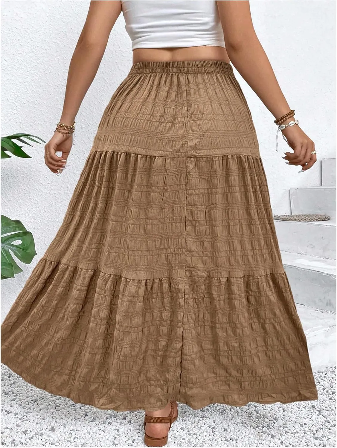MakeMeChic Women's Plus Size Summer Maxi Skirt Tiered Ruffle Hem Flowy Long Skirts