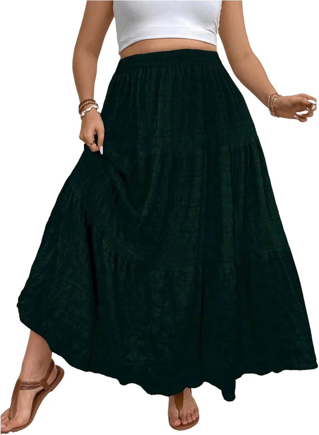 MakeMeChic Women's Plus Size Summer Maxi Skirt Tiered Ruffle Hem Flowy Long Skirts