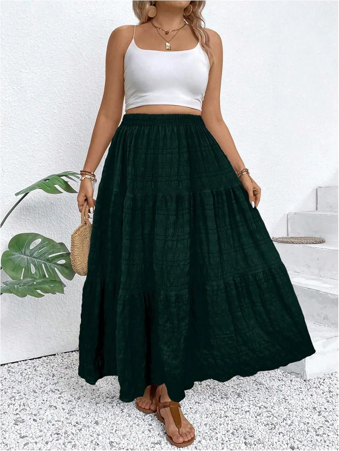 MakeMeChic Women's Plus Size Summer Maxi Skirt Tiered Ruffle Hem Flowy Long Skirts