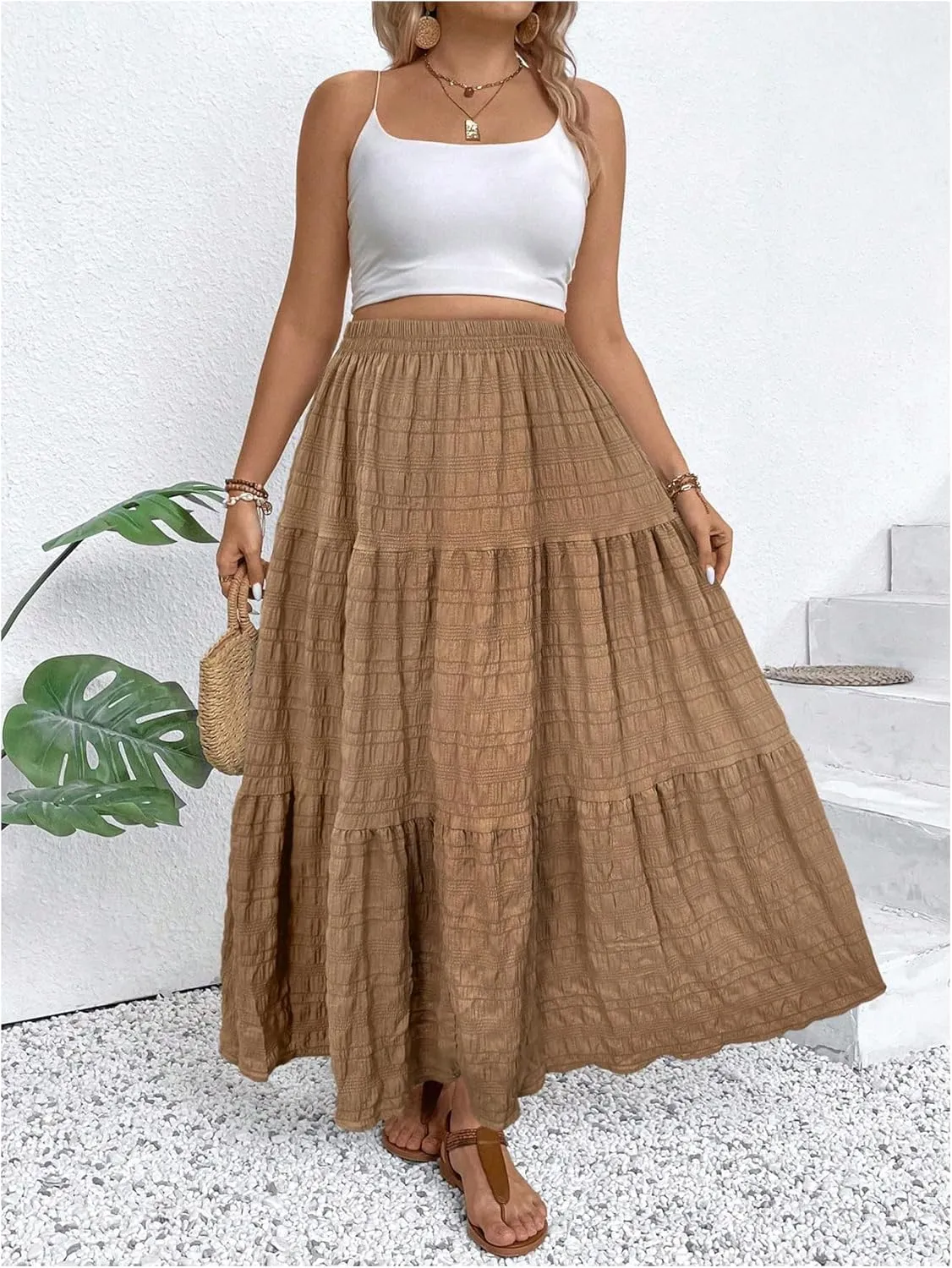MakeMeChic Women's Plus Size Summer Maxi Skirt Tiered Ruffle Hem Flowy Long Skirts
