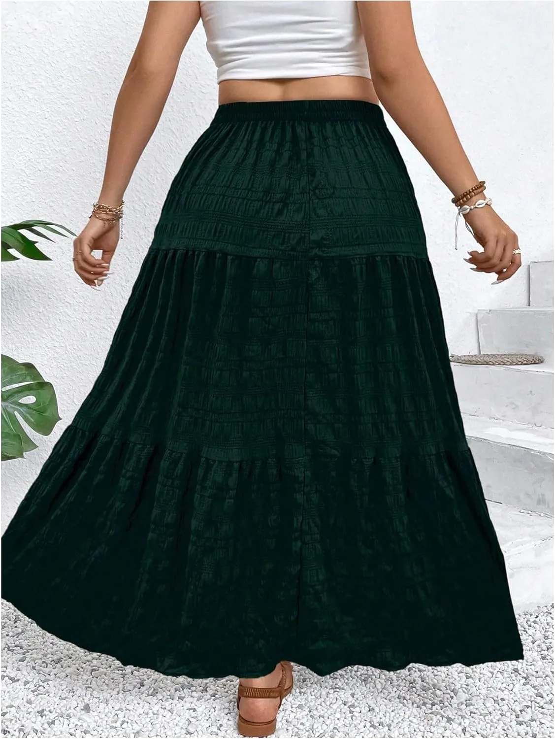 MakeMeChic Women's Plus Size Summer Maxi Skirt Tiered Ruffle Hem Flowy Long Skirts