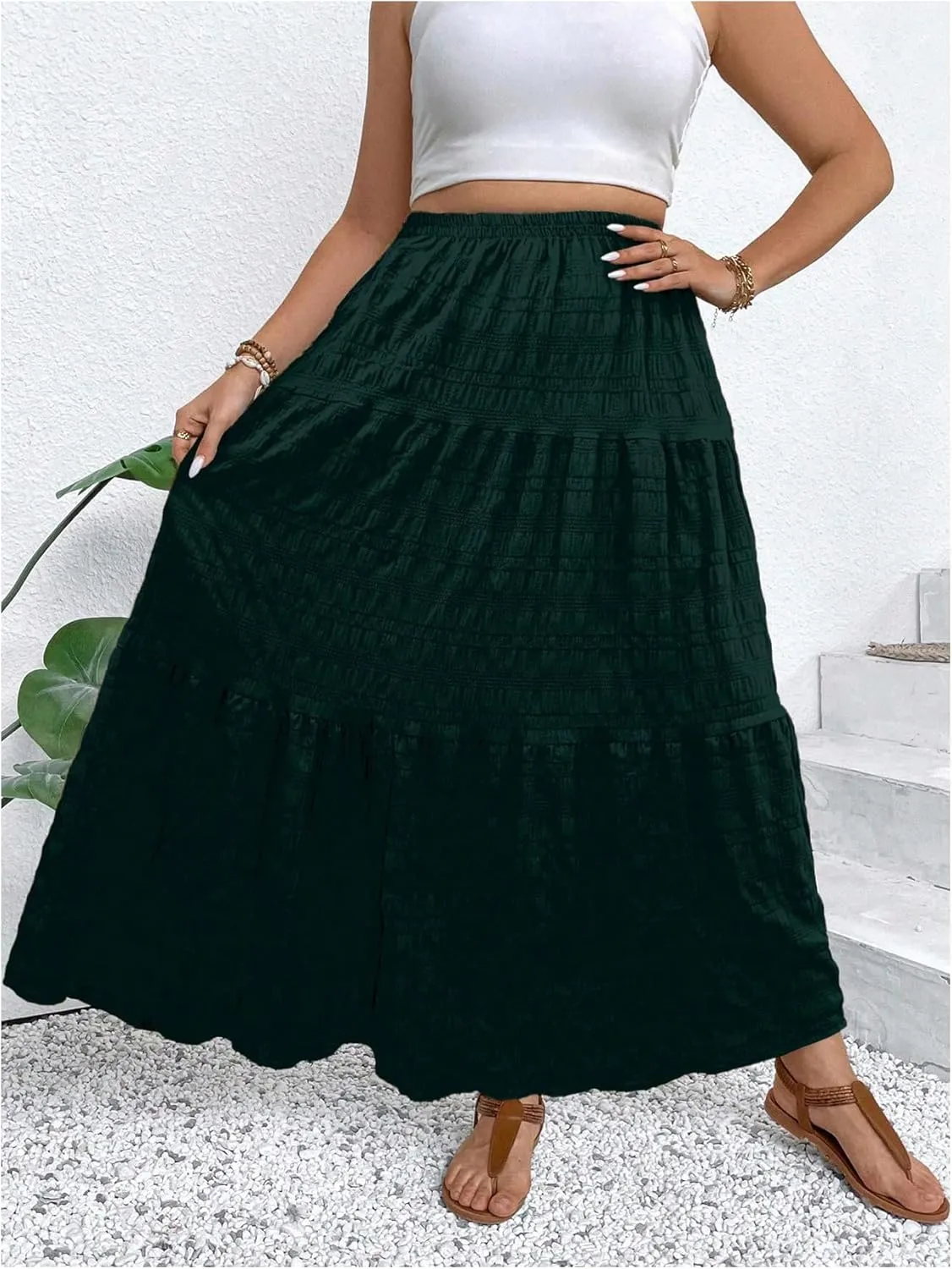 MakeMeChic Women's Plus Size Summer Maxi Skirt Tiered Ruffle Hem Flowy Long Skirts