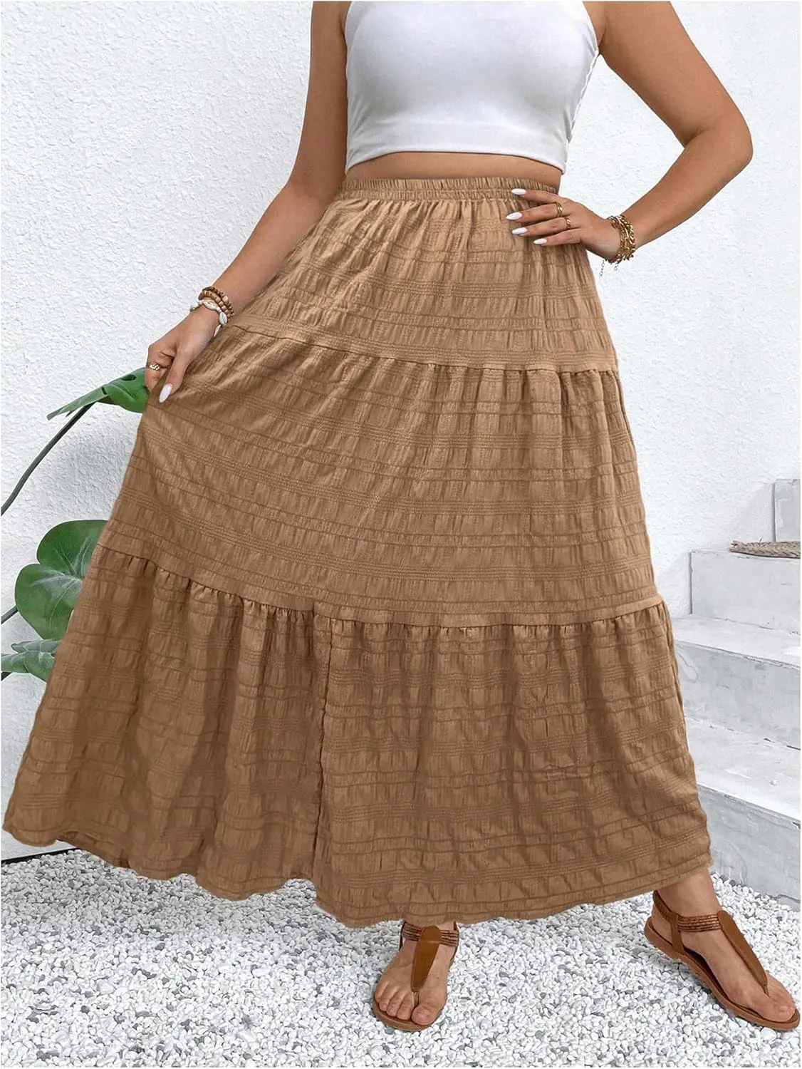 MakeMeChic Women's Plus Size Summer Maxi Skirt Tiered Ruffle Hem Flowy Long Skirts