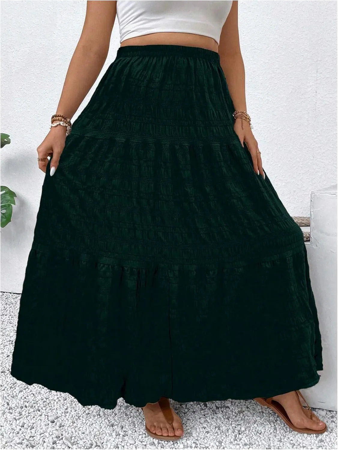 MakeMeChic Women's Plus Size Summer Maxi Skirt Tiered Ruffle Hem Flowy Long Skirts