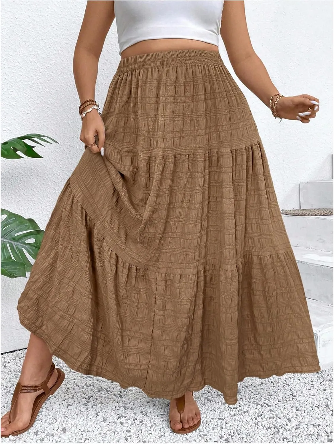 MakeMeChic Women's Plus Size Summer Maxi Skirt Tiered Ruffle Hem Flowy Long Skirts