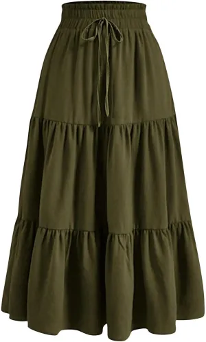 Maxi Skirts for Women 2025 Summer Drawstring High Waisted Pleated Skirt Petite Length Boho Floral Beach Long Skirt