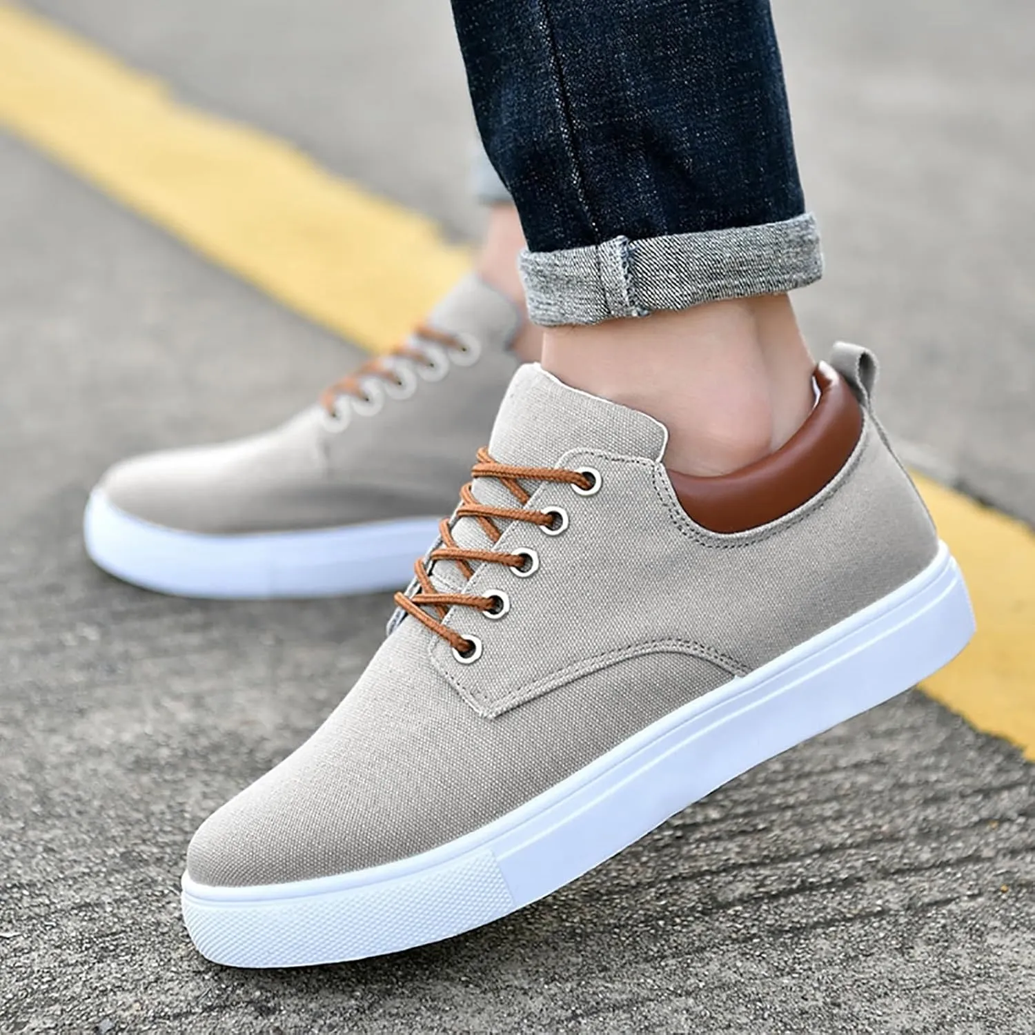 Men Low Top Canvas Walking Shoes Slip On Platform Sneakers Wide Width Breathable Sport Shoes Lace-Up Fashion Casual Sneakers