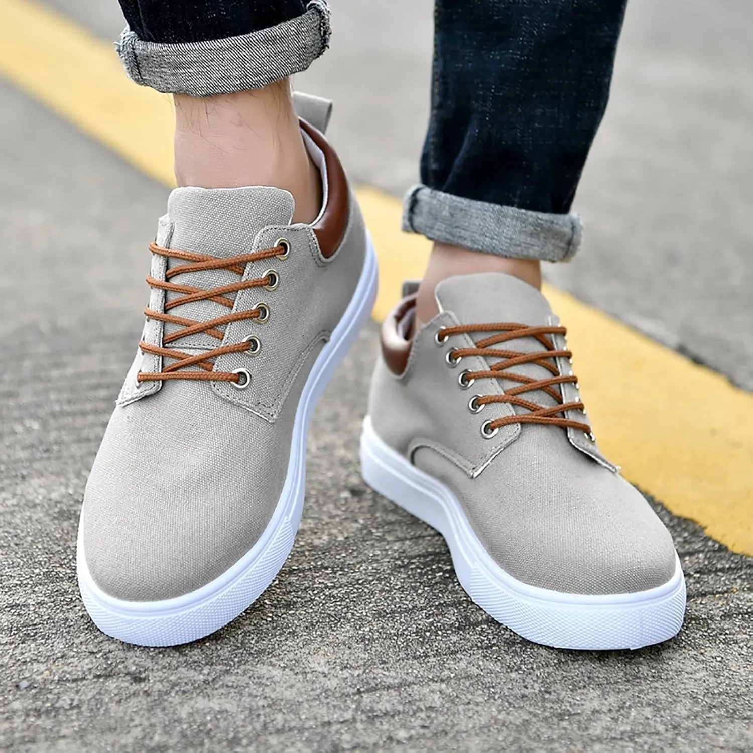Men Low Top Canvas Walking Shoes Slip On Platform Sneakers Wide Width Breathable Sport Shoes Lace-Up Fashion Casual Sneakers