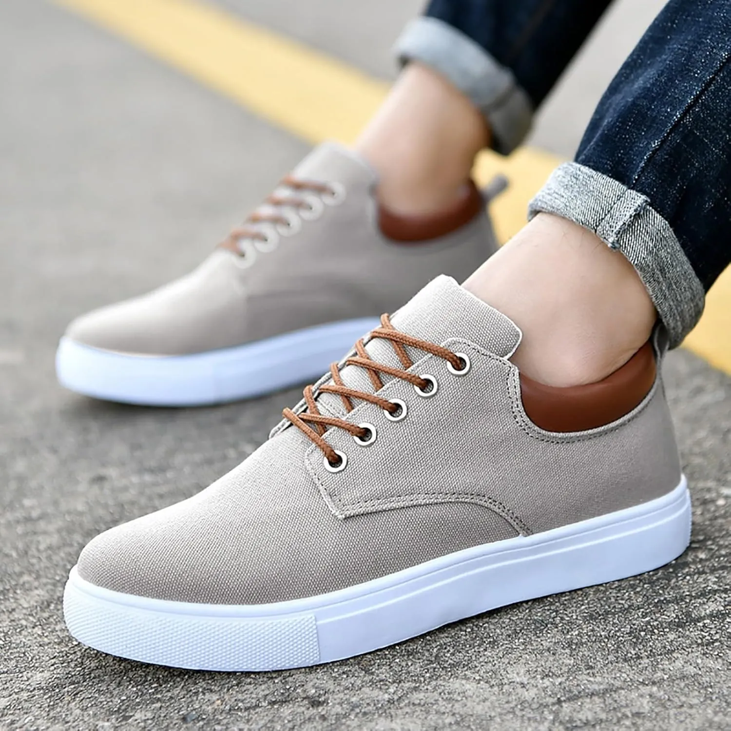 Men Low Top Canvas Walking Shoes Slip On Platform Sneakers Wide Width Breathable Sport Shoes Lace-Up Fashion Casual Sneakers