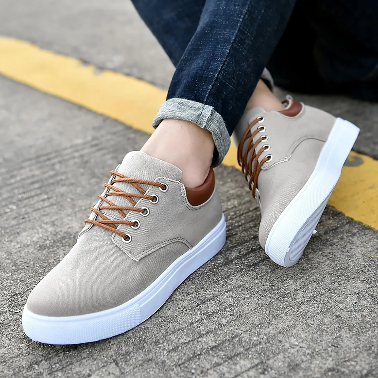 Men Low Top Canvas Walking Shoes Slip On Platform Sneakers Wide Width Breathable Sport Shoes Lace-Up Fashion Casual Sneakers