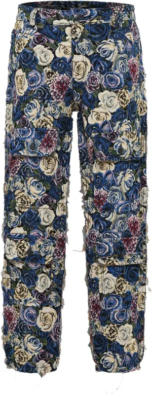 Men’s Blue Floral Black/White Tapestry Multi-Pockets Jogger Streetwear Embossed Jacquard Cargo Pants