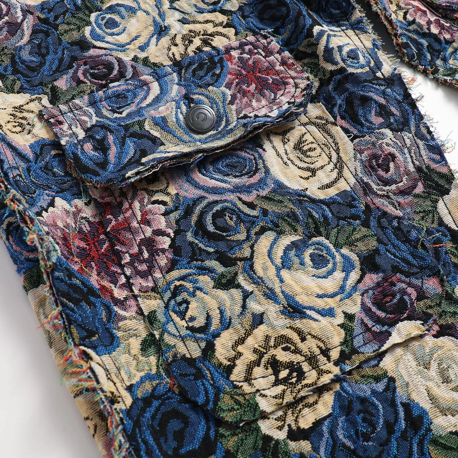 Men’s Blue Floral Black/White Tapestry Multi-Pockets Jogger Streetwear Embossed Jacquard Cargo Pants