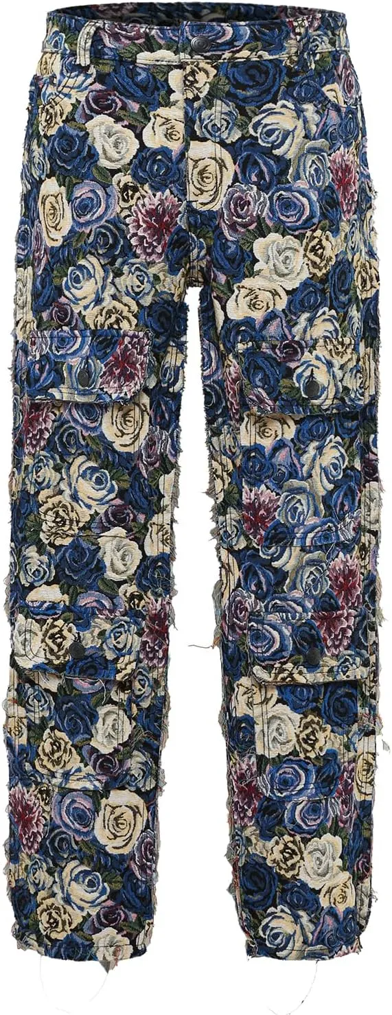 Men’s Blue Floral Black/White Tapestry Multi-Pockets Jogger Streetwear Embossed Jacquard Cargo Pants