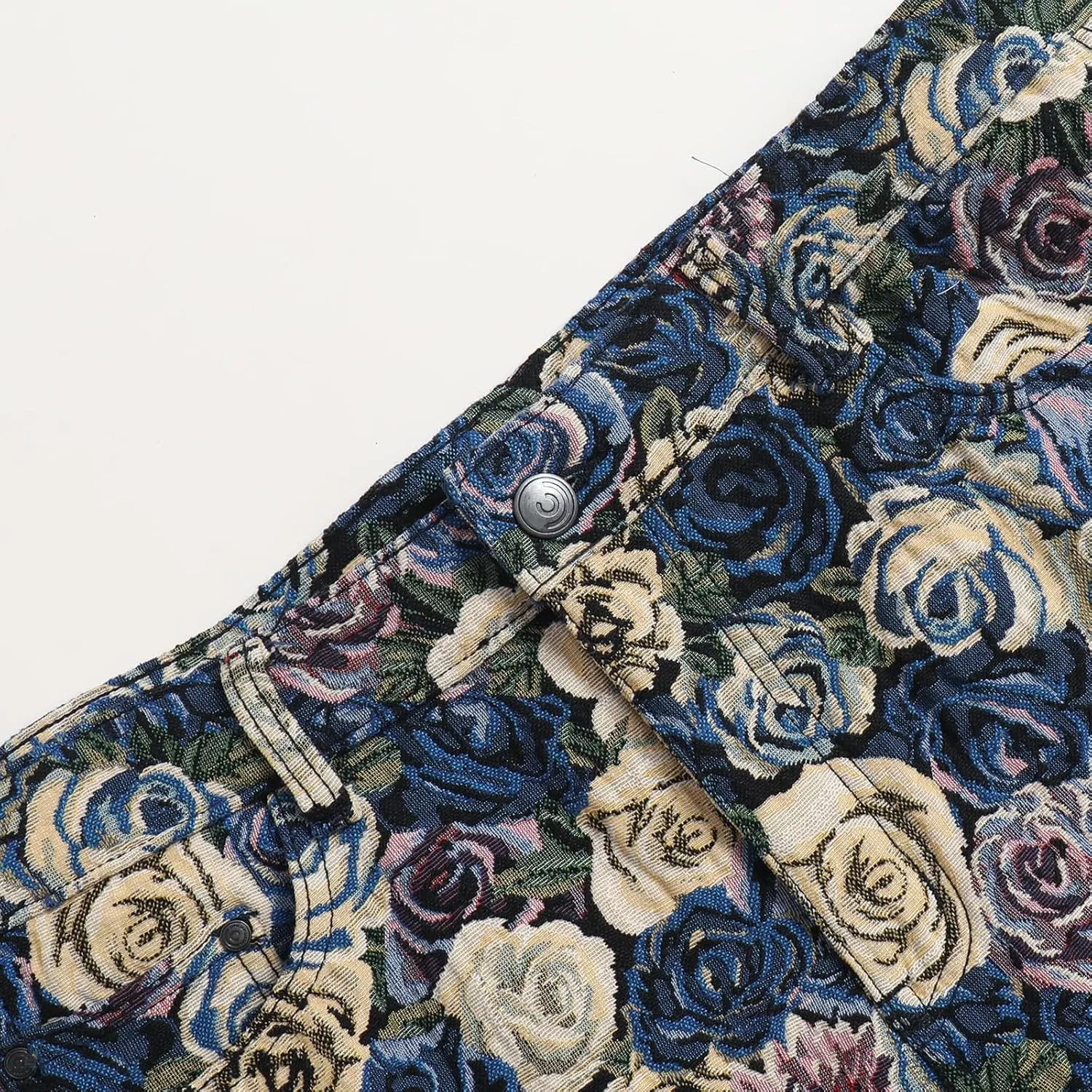 Men’s Blue Floral Black/White Tapestry Multi-Pockets Jogger Streetwear Embossed Jacquard Cargo Pants
