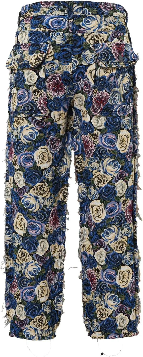 Men’s Blue Floral Black/White Tapestry Multi-Pockets Jogger Streetwear Embossed Jacquard Cargo Pants