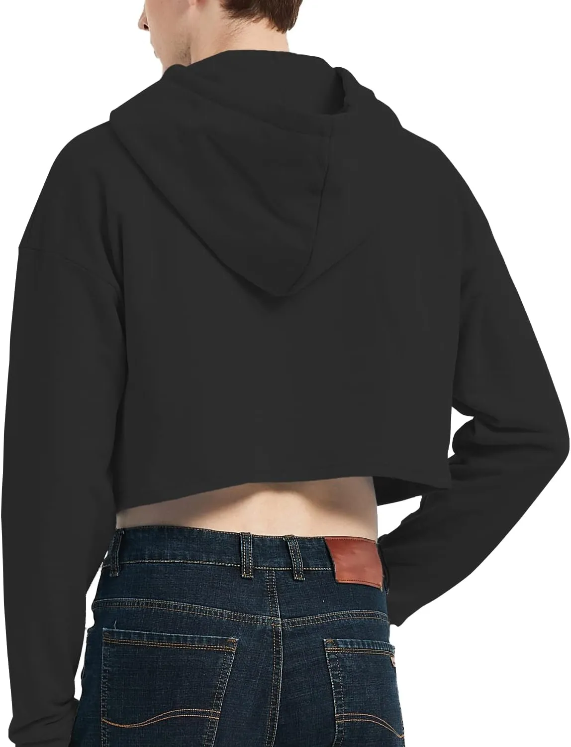 Men's Cropped Cut-Off Hoodie Solid Color Long Sleeves Drawstring Casual Sweatshirts Crop Tops