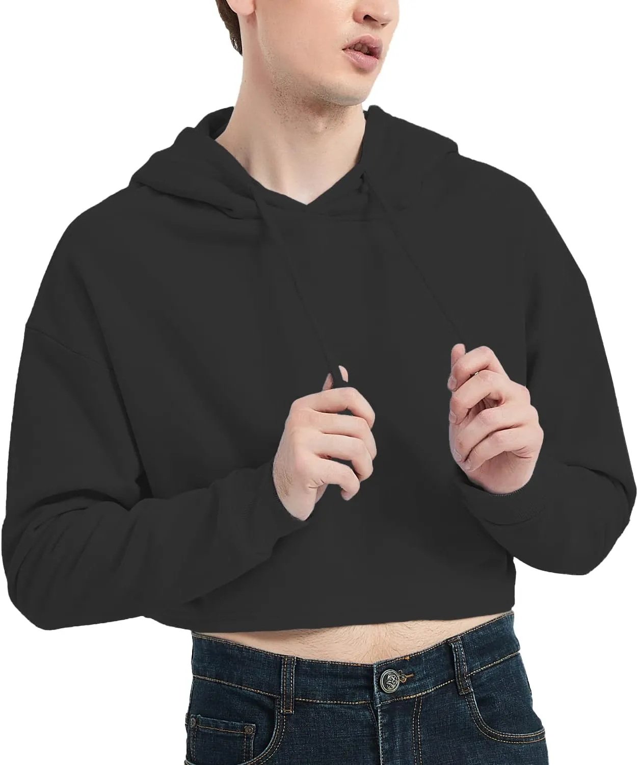 Men's Cropped Cut-Off Hoodie Solid Color Long Sleeves Drawstring Casual Sweatshirts Crop Tops