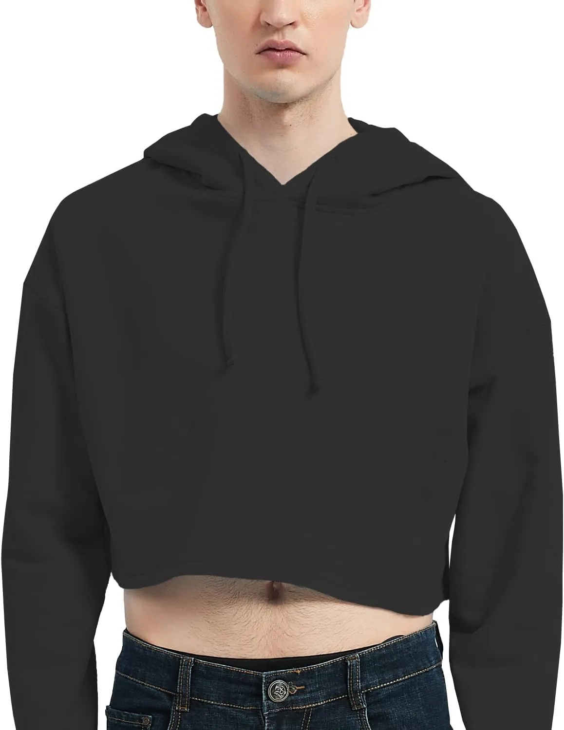 Men's Cropped Cut-Off Hoodie Solid Color Long Sleeves Drawstring Casual Sweatshirts Crop Tops
