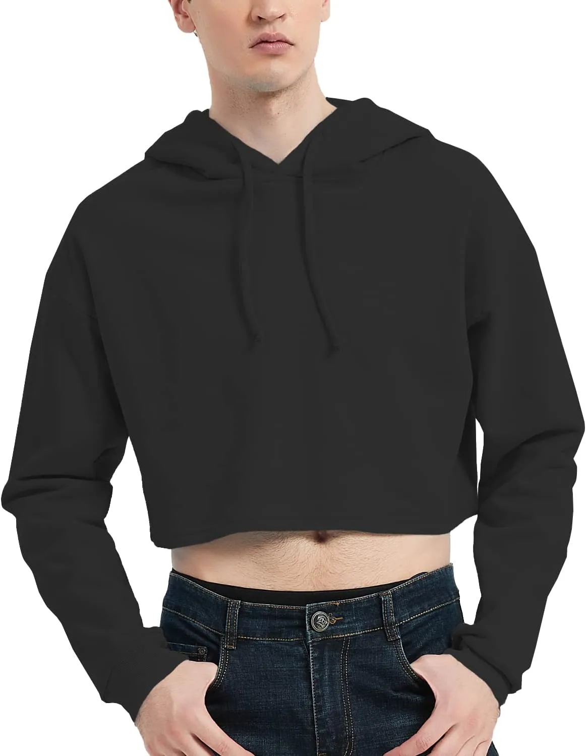 Men's Cropped Cut-Off Hoodie Solid Color Long Sleeves Drawstring Casual Sweatshirts Crop Tops