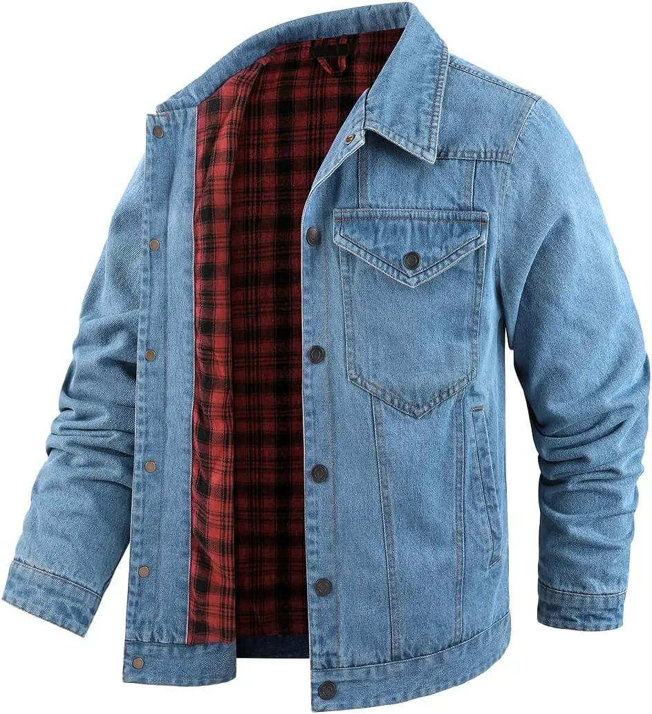 Mens Plaid Denim Jackets Button Down Jean Coat Casual Long Sleeve Vintage Trucker Jackets Outwear