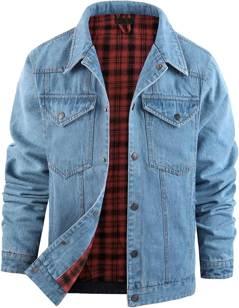 Mens Plaid Denim Jackets Button Down Jean Coat Casual Long Sleeve Vintage Trucker Jackets Outwear