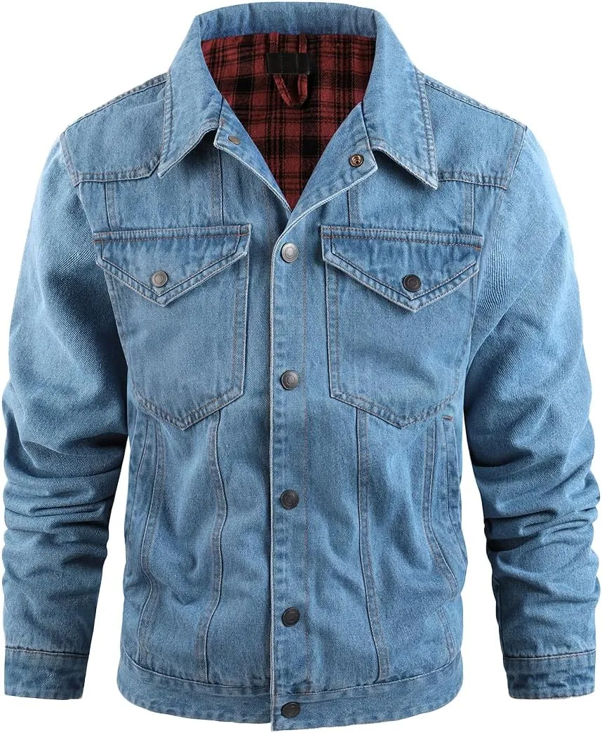 Mens Plaid Denim Jackets Button Down Jean Coat Casual Long Sleeve Vintage Trucker Jackets Outwear