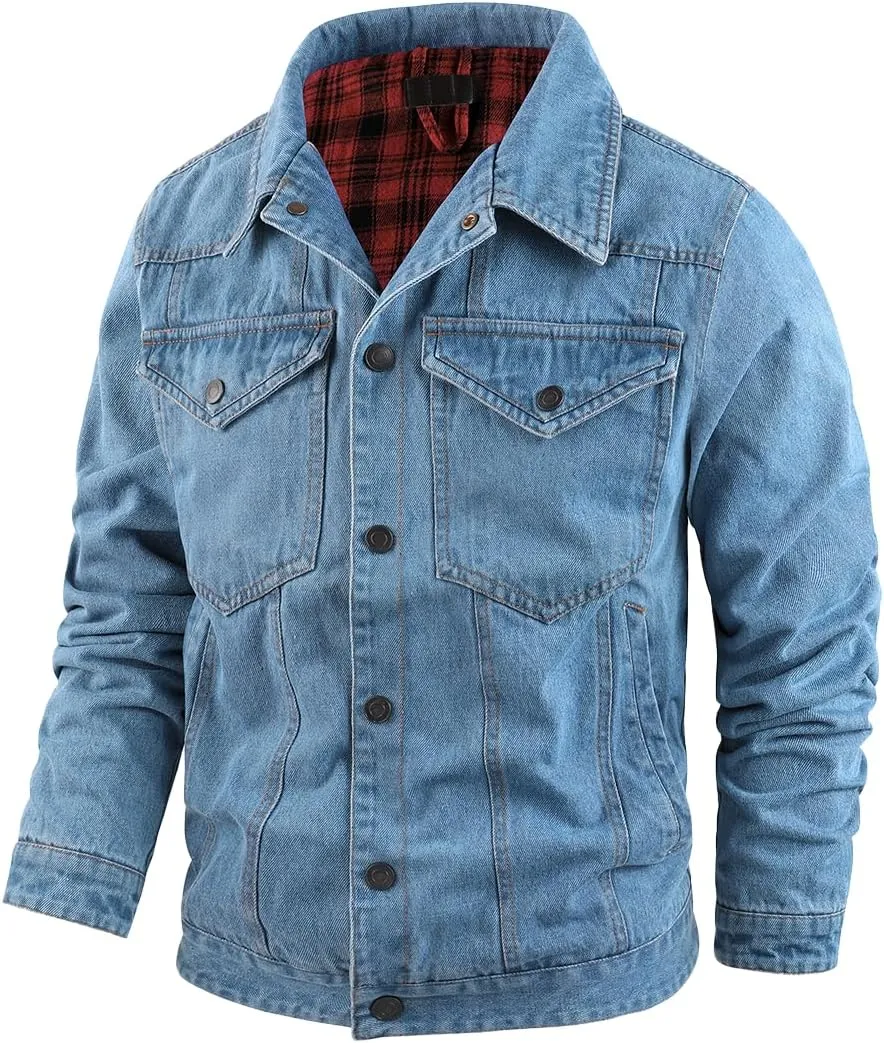 Mens Plaid Denim Jackets Button Down Jean Coat Casual Long Sleeve Vintage Trucker Jackets Outwear