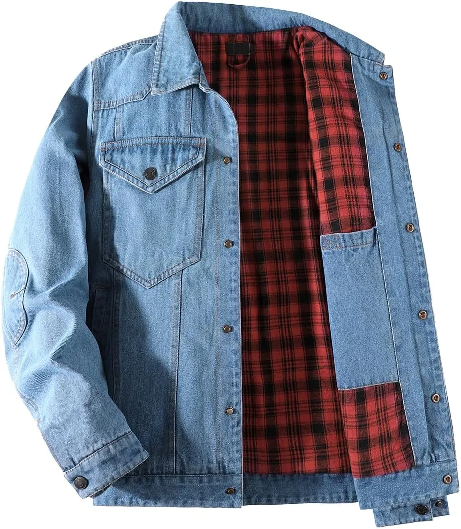 Mens Plaid Denim Jackets Button Down Jean Coat Casual Long Sleeve Vintage Trucker Jackets Outwear