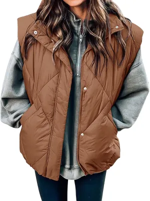 MEROKEETY Women's 2024 Winter Puffer Vest Quilted Stand Collar Zip Up Padded Gilet Coat with Pockets