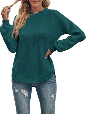 MEROKEETY Women's 2025 Fall Long Balloon Sleeve Crew Neck Sweater Tops Waffle Knit Soft Pullover Jumper