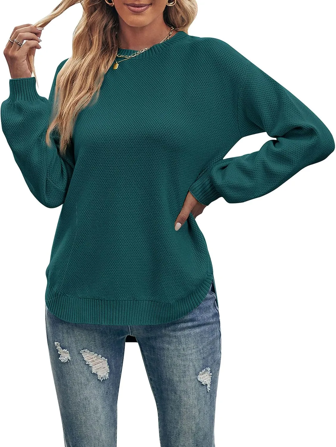MEROKEETY Women's 2025 Fall Long Balloon Sleeve Crew Neck Sweater Tops Waffle Knit Soft Pullover Jumper