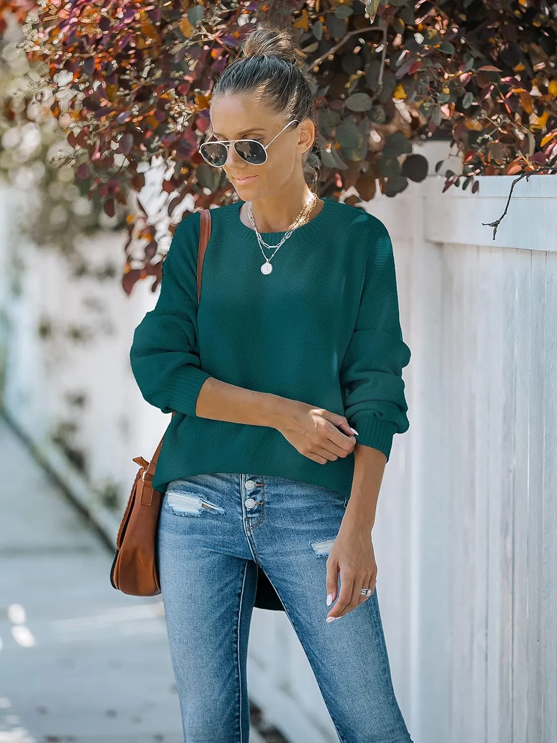 MEROKEETY Women's 2025 Fall Long Balloon Sleeve Crew Neck Sweater Tops Waffle Knit Soft Pullover Jumper