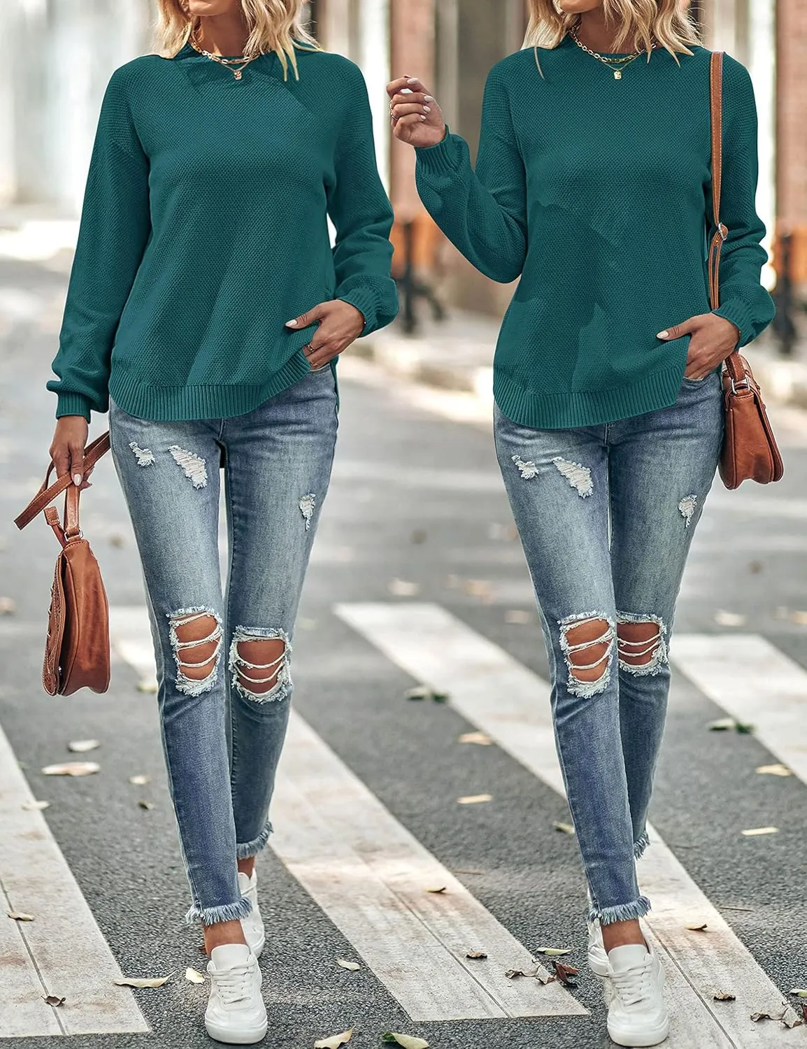 MEROKEETY Women's 2025 Fall Long Balloon Sleeve Crew Neck Sweater Tops Waffle Knit Soft Pullover Jumper