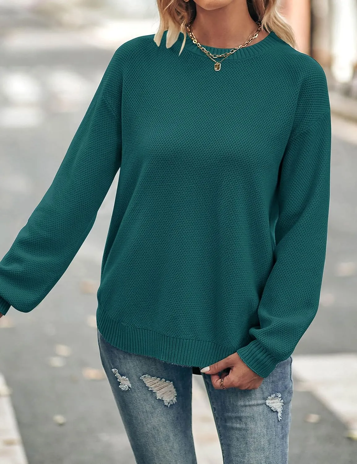 MEROKEETY Women's 2025 Fall Long Balloon Sleeve Crew Neck Sweater Tops Waffle Knit Soft Pullover Jumper