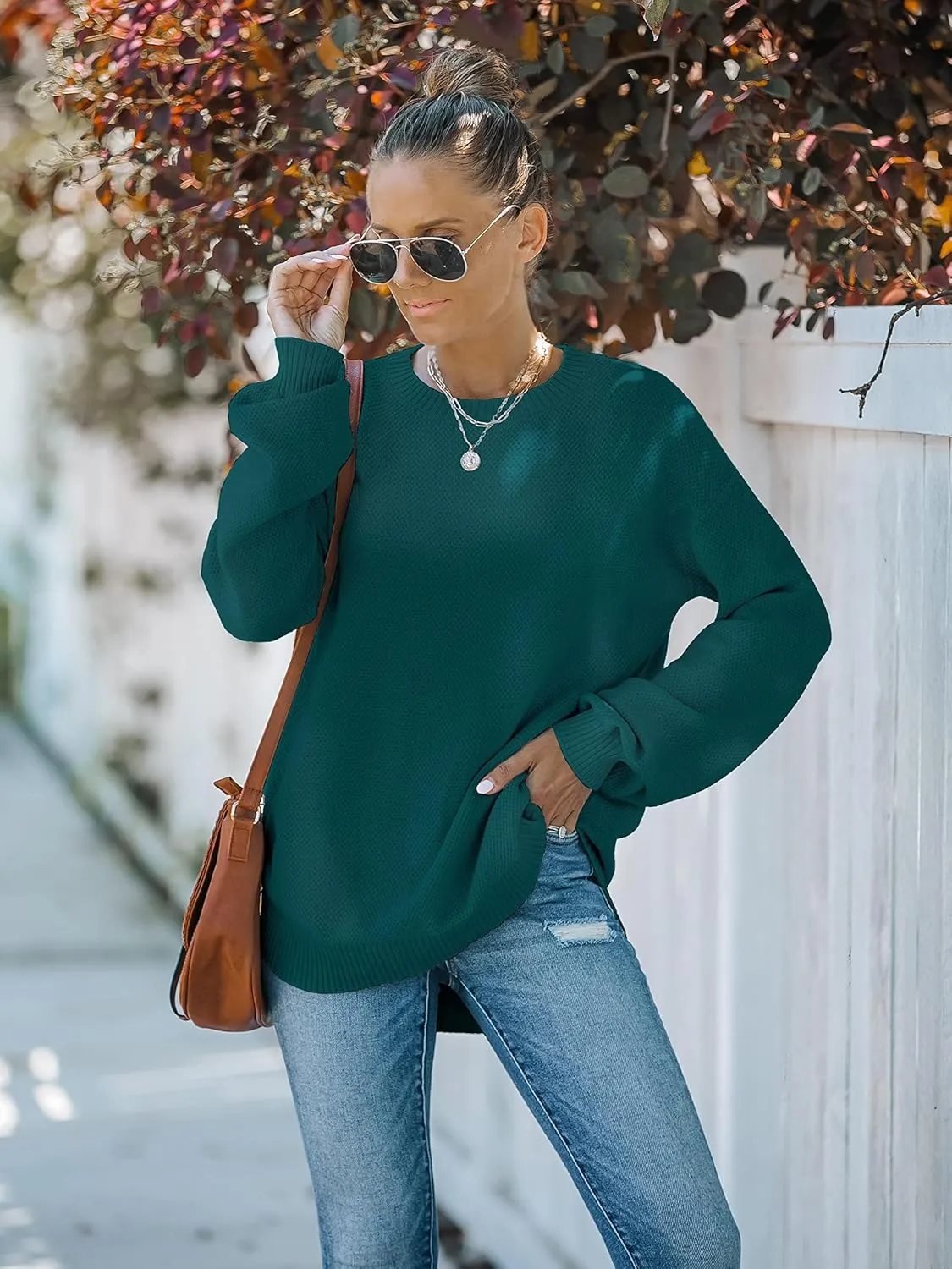 MEROKEETY Women's 2025 Fall Long Balloon Sleeve Crew Neck Sweater Tops Waffle Knit Soft Pullover Jumper