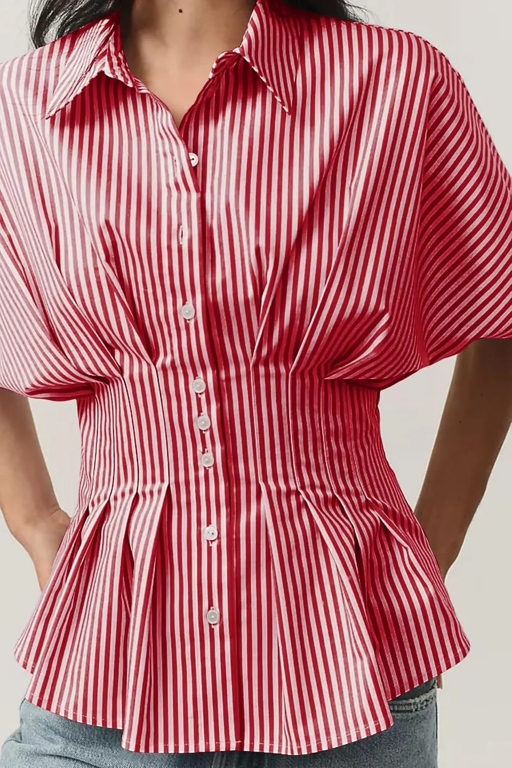 MISSACTIVER Striped Button Down Shirts for Women Short Sleeve Pleated Corset Blouse Casual Summer Peplum Dressy Tops
