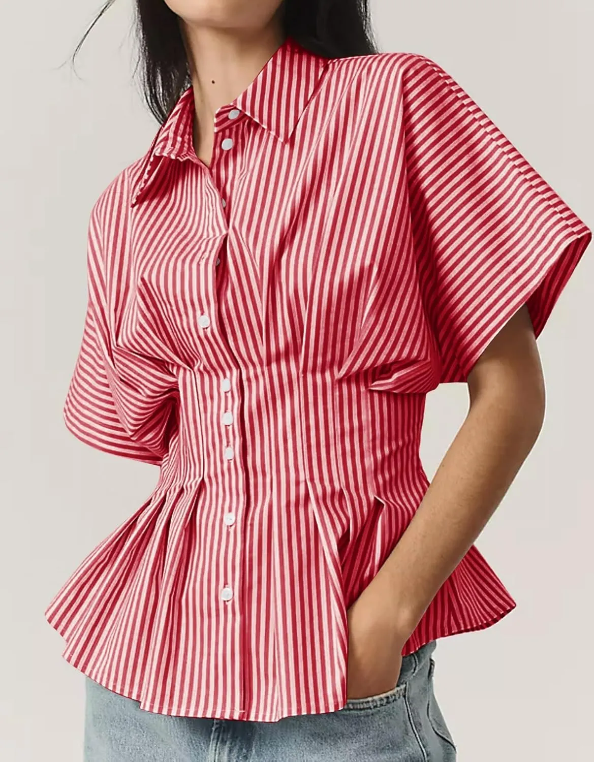 MISSACTIVER Striped Button Down Shirts for Women Short Sleeve Pleated Corset Blouse Casual Summer Peplum Dressy Tops
