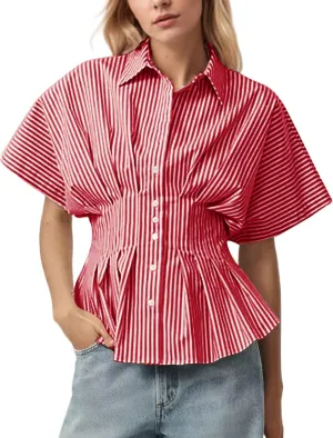 MISSACTIVER Striped Button Down Shirts for Women Short Sleeve Pleated Corset Blouse Casual Summer Peplum Dressy Tops