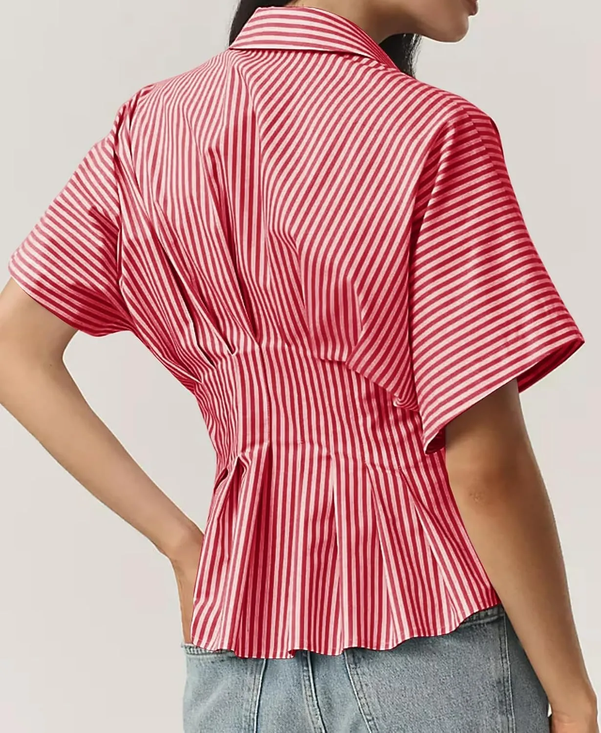 MISSACTIVER Striped Button Down Shirts for Women Short Sleeve Pleated Corset Blouse Casual Summer Peplum Dressy Tops