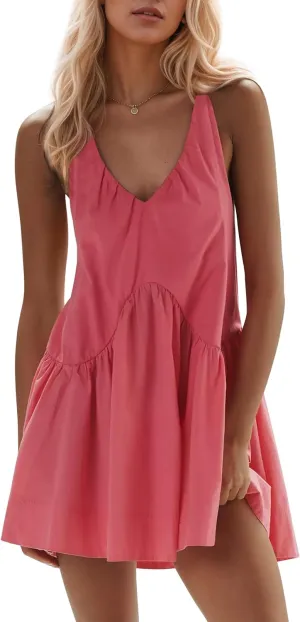 MISSACTIVER Women Summer Sleeveless Mini Dress Casual Racerback V Neck Short Sundress Flowy Tank Babydoll Dresses