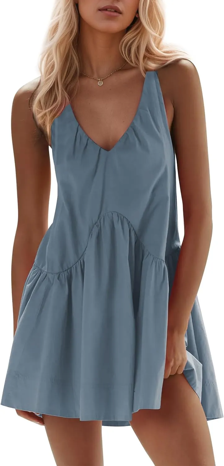 MISSACTIVER Women Summer Sleeveless Mini Dress Casual Racerback V Neck Short Sundress Flowy Tank Babydoll Dresses