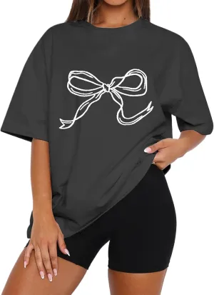 MISSACTIVER Womens Oversized Bow Graphic T-Shirt Drop Shoulder Short Sleeve Graphics Tee Shirt Casual Outfit Going Out Top