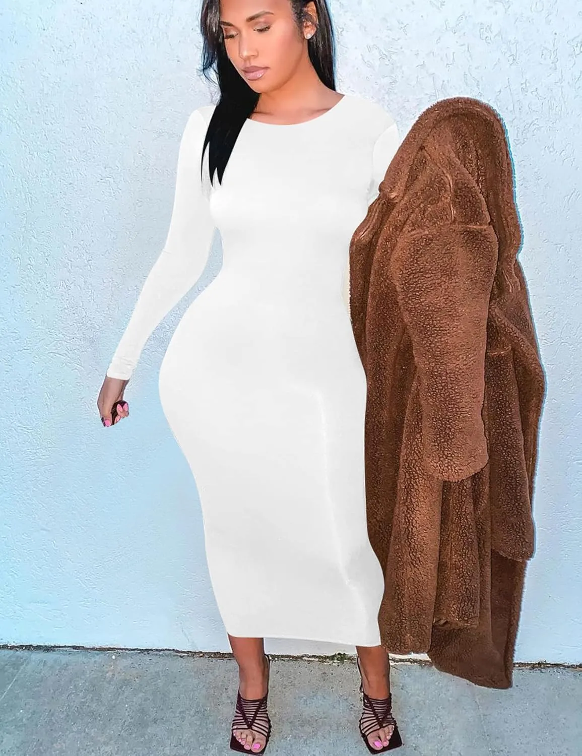 Mokoru Women's Casual Bodycon Long Sleeve Sexy Tight Club Party Midi Pencil Dresses